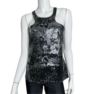 ARAMODU Silver and Black Leopard Print Sequin Razor Back Tank Top